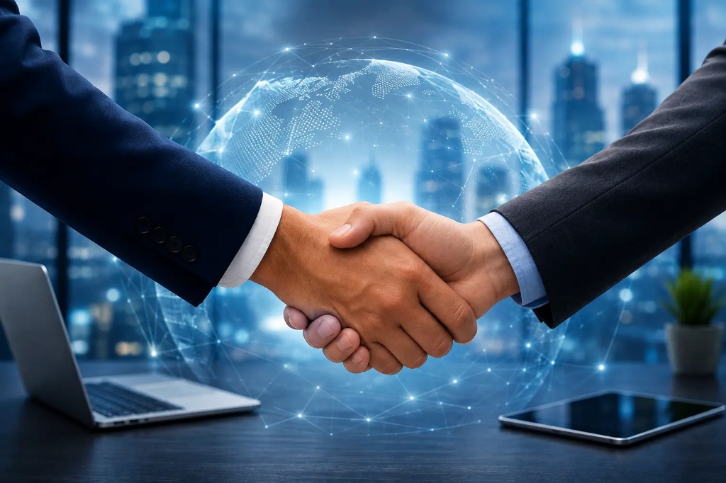 Handshake with a globe overlay. Stock photography for illustrative context.