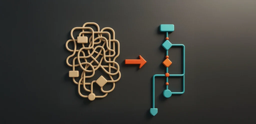 Stock illustration of a tangled process becoming a simple flow. Decorative only; not a customer process map.