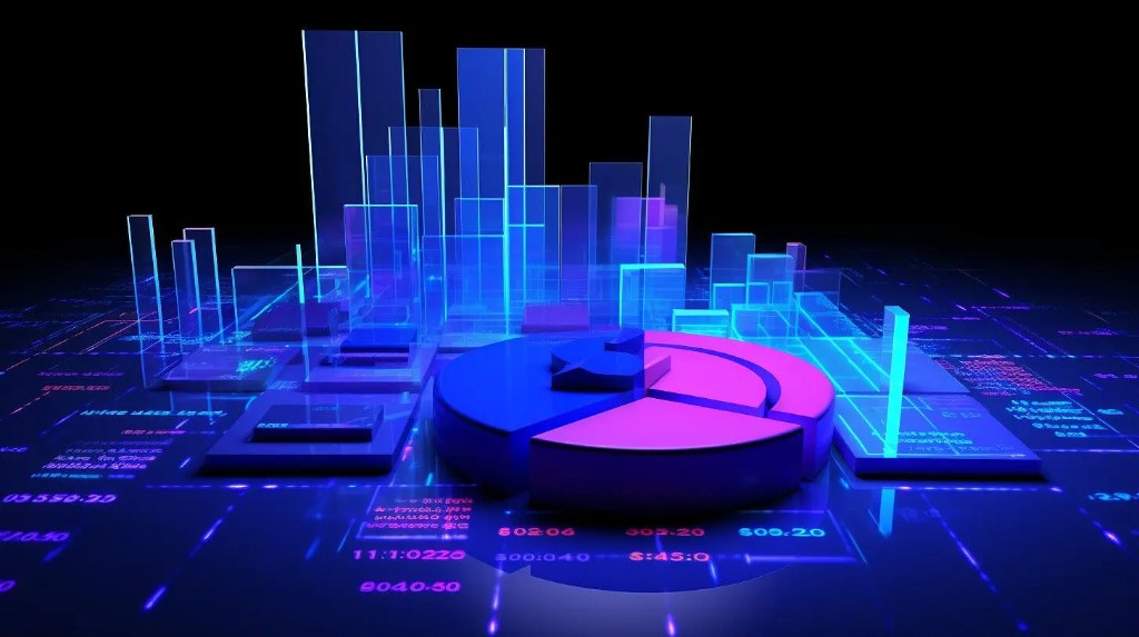 3D charts representing data analytics. Stock photography for illustrative context.