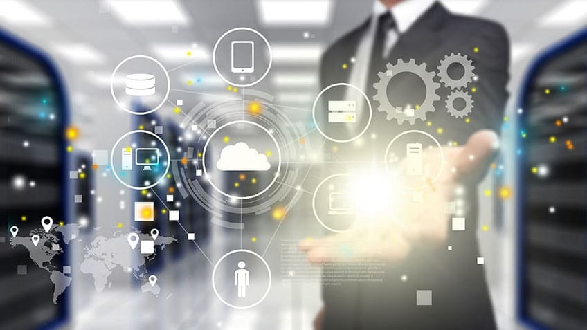 IT infrastructure icons for cloud, devices and servers. Stock photography for illustrative context.