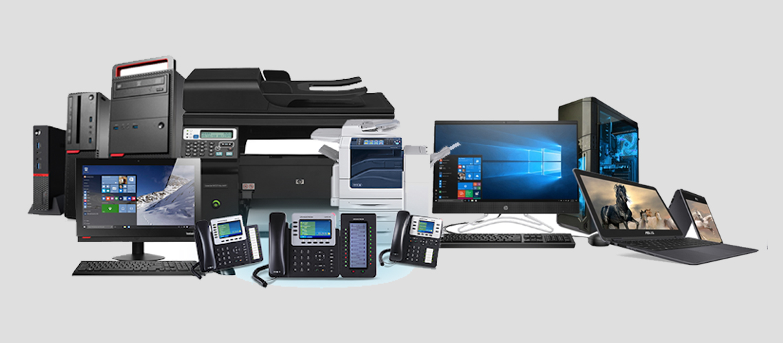 Assorted business computers, printers and phones. Stock collage for illustrative context, not a catalogue or official brand photography.