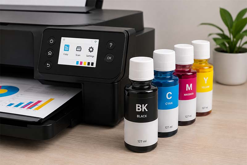 Business inkjet printer and ink bottles on a desk. Stock photography for illustrative context, not a catalogue or official brand photograph.