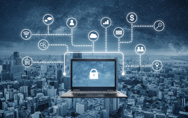 Laptop with a lock icon and network nodes. Stock photography for illustrative context.