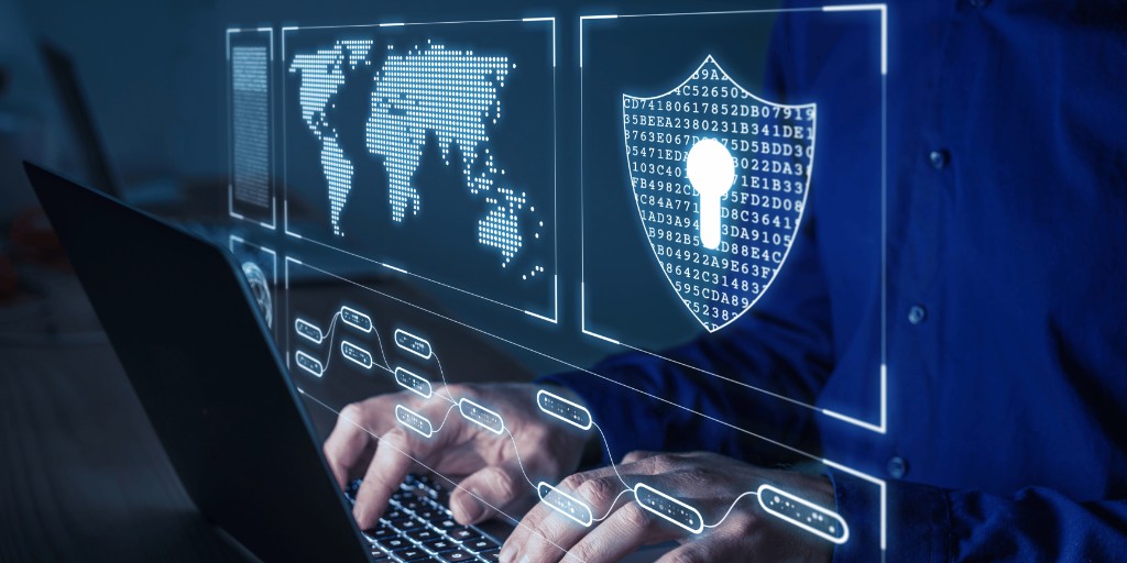 Laptop with a security overlay. Stock photography for illustrative context.